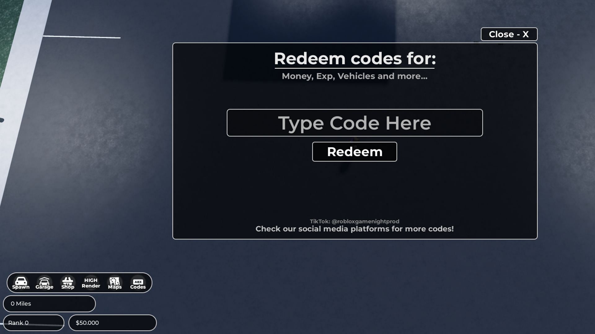 Redeem codes in Highway Racers Reborn (Image via Roblox)